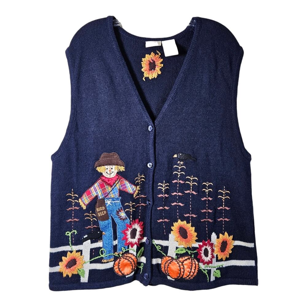 BOBBIE BROOKS Women's XL Sweater Vest Embroidered Beads Scarecrow Sunflowers 42"